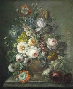 Cabbage Roses, Tulips, Narcissus, Auricula, Larkspur And Other Flowers In A Sculpted Urn On A Stone Ledge by Gerard Van Spaendonck
