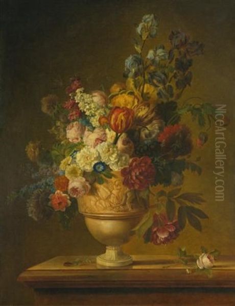 Flowers In A Basket On A Marble Ledge - view 1