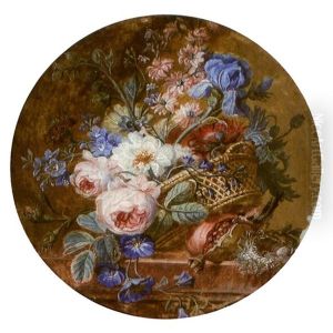 Une Corbeille De Fleurs Sur Un Entablement Pres D'un Nid Et D'une Grenade Eclatee by Gerard Van Spaendonck
