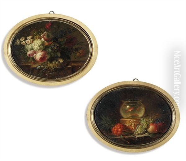 Flowers In A Glass Bowl On A Stone Ledge, Including Pink Old Roses... (+ Another, Verso) - view 1