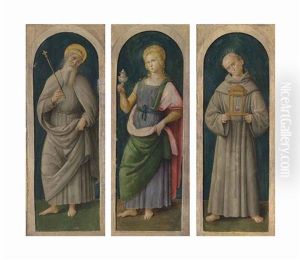 Three Pilasters From A Polyptych: Saint Louis Ix; Saint Mary Magdalene; And The Blessed Giacomo Della Marca by Spagna (Giovanni lo Spagnolo)