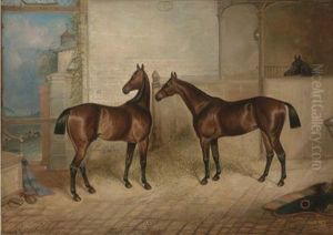 Bay Hunters In A Stable, Alerted By The Hunt by Charles Bilger Spalding