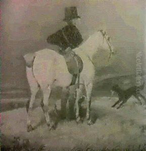 A Gentleman With A Grey Pony And Two Retrievers In A Landscape