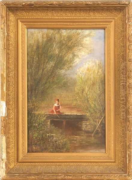 Landscape Depicting A Young Girl Fishing From A Stone Bridge - view 1