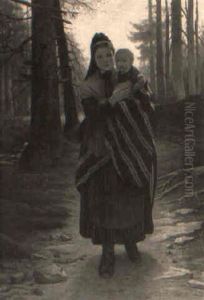 Mother And Child On A Wooded Path by Gustav Adolph Spangenberg
