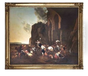 Grose Italienische Landschaft Im Abendlicht Mit Regem Treiben An Der Tranke by Heinrich Daniel Theodor Spangenberg