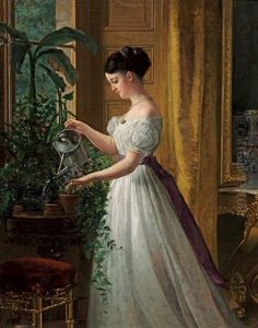 Elegante Junge Frau Im Weisen Chiffonkleid Beim Blumengiesen by Paul Spangenberg