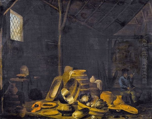 Scheuneninterieur Mit Geratschaften Und Pfeifenraucher - view 1