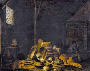 Scheuneninterieur Mit Geratschaften Und Pfeifenraucher by Jan Spanjaert