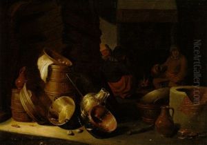 Bauern In Einer Scheune Vor Dem Kamin, Im Vordergrund Ein Prachtiges Stilleben Von Kupfer- Und Messinggeschirr Sowie Fassern by Jan Spanjaert