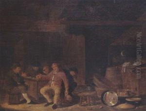 Peasants Smoking And Drinking In An Inn, With A Still Life Kitchen Utensils And A Cat by Jan Spanjaert