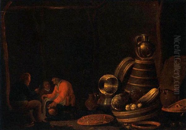 A Barn Interior With Peasants Seated And A Still Life Of Kitchen Utensils On The Right - view 1