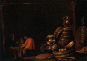 A Barn Interior With Peasants Seated And A Still Life Of Kitchen Utensils On The Right by Jan Spanjaert