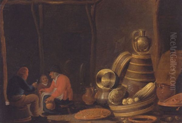 A Barn Interior With Peasants Drinking And Smoking Beside A Collection Of Kitchen Utensils - view 1