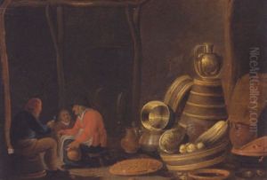 A Barn Interior With Peasants Drinking And Smoking Beside A Collection Of Kitchen Utensils by Jan Spanjaert