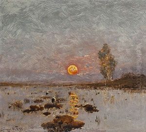 Birds In A Marsh Sunset by Bela Von Spanyi