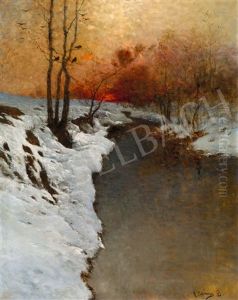 River-side In Winter With Sundown Lights