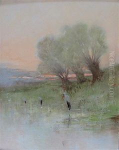 Storche An Einem Weiher Mit Knuppelweiden Zur Abendlichen Stunde by Bela Von Spanyi
