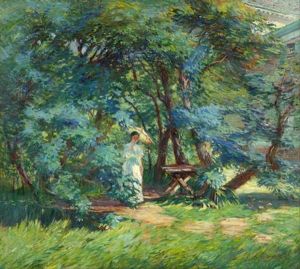 Woman With Parasol In A Garden by Arthur Watson Sparks
