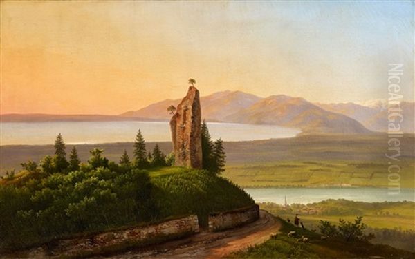 Ruined Castle At Twilight By Lake Constance - view 1