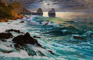 Kuste Vor Capri Mit Blick Auf Die Faraglioni-felsen by Paul von Spaun