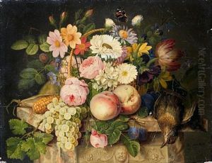 Nature Morte De Fruits, Fleurs Avec Une Merlette Sur Un Entablement Sculpte