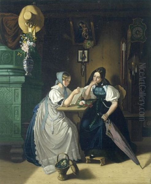 Zwei Dirndl Sitzen Einen Brief Lesend In Der Stube - view 1