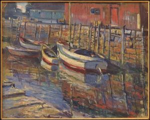 Docked Boats At Sunset by John Adams Spelman