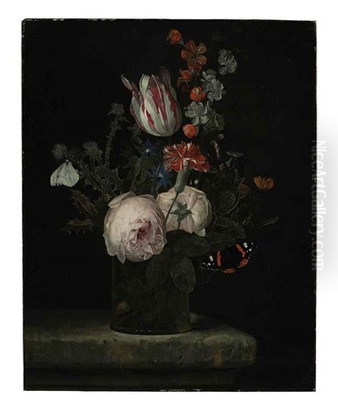 Flowers In A Glass Vase On A Marble Ledge With Two Butterflies - view 1