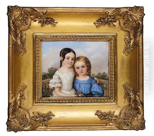 Portrait Of The Artist's Children, The Two Girls Half Length And Seated On A Bench, One With Brown Hair Plaited And Upswept, Wearing A White Dress, The Other With Blonde Hair - view 1