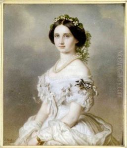 Louise, Grand Duchess Of Baden, In White Silk Dress With Bows Pinned On The Bodice And Sleeves, Holding A White Silk Stole Draped Around Her Arms And Waist, Gold Bracelet ... by Jacob Spelter