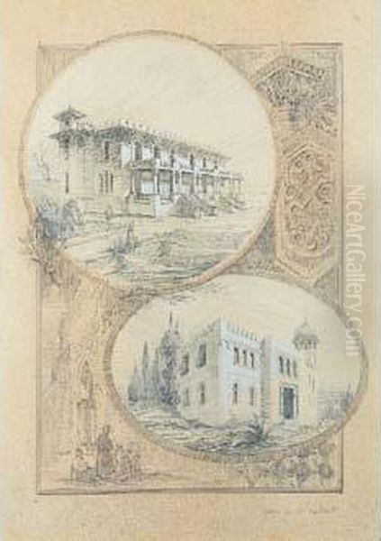Deux Villas Orientales A Beyrouth.vers 1923. Crayon Noir Et Rehauts De Craie Blanche. - view 1