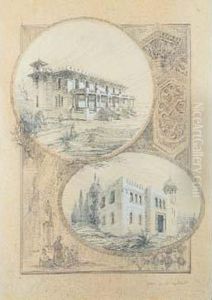 Deux Villas Orientales A Beyrouth.vers 1923. Crayon Noir Et Rehauts De Craie Blanche. by Raoul-Jacques Brandon