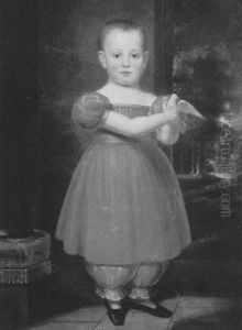 Portrait Of A Child In A Red Dress Standing Before An Open Doorway And Holding A Dove by Frederick Randolph Spencer