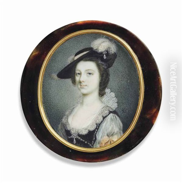 A Young Lady, In Embellished Black Bodice Over White Shift With Pink Ribbon Tied At Elbow, White Partly-standing Lace Collar, Wearing Gem And Drop-pearl Set Brooch At Corsage, Black Hat Adorned With Pink Ribbon, Ostrich Feather And Gem And Drop-pear Set B - view 1