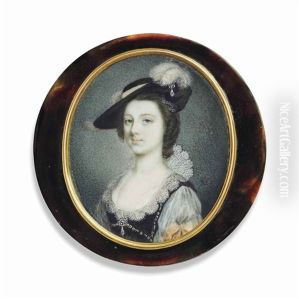A Young Lady, In Embellished Black Bodice Over White Shift With Pink Ribbon Tied At Elbow, White Partly-standing Lace Collar, Wearing Gem And Drop-pearl Set Brooch At Corsage, Black Hat Adorned With Pink Ribbon, Ostrich Feather And Gem And Drop-pear Set B by Gervase Spencer