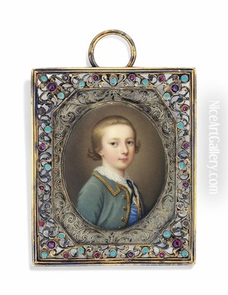 A Boy, In Green Coat And Blue Waistcoat, Both Trimmed With Gold Braid, Wearing A White Shirt With Wide Lace Collar, Tied With A Black Ribbon, Short Brown Hair - view 1