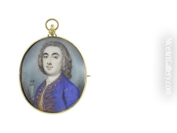 Sir Wolstan Dixie, 4th Baronet (1700-1767), Wearing Blue Coat And White Waistcoat, Both Finished With Gold Embroidery, White Chemise, Stock And Lace Cravat, His Wig Powdered - view 1