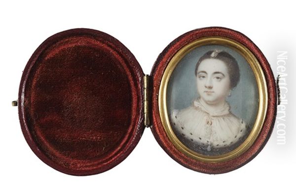 Mrs Mary Pearce Nee Adams (c.1703-1773), Wearing Ermine-trimmed Brown Dress With Mauve Embroidery And White Lace Fill-in, Pearl Pendant Earring And Aigrette In Her Upswept Hair - view 1