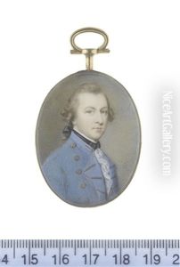 A Gentleman, Wearing Blue Coat, White Chemise And Lace Cravat, Black Tied Stock, His Natural Hair Worn En Queue And Tied With A Black Ribbon Bow by Gervase Spencer