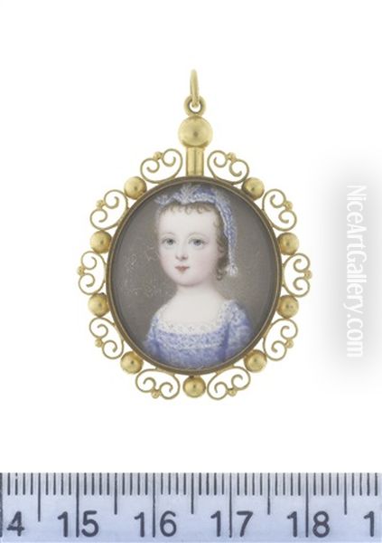 A Young Girl, Wearing Blue Dress With White Lace Trim And Matching Cap - view 1