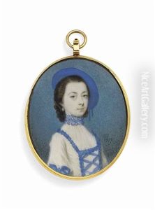 A Young Lady, In Blue-trimmed White Dress With Frilled Collar, Blue Hat, Drop-pearl Earring by Gervase Spencer