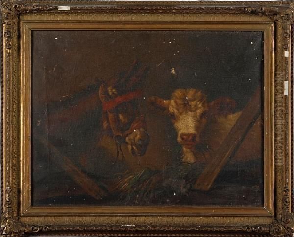 A Donkey And A Calf In A Barn - view 1