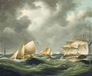 A Royal Navy Frigate And Other Shipping In A Heavy Swell Off The Eddystone Lighthouse; Shipping In A Stiff Breeze (illustrated) (pair) by Richard B. Spencer