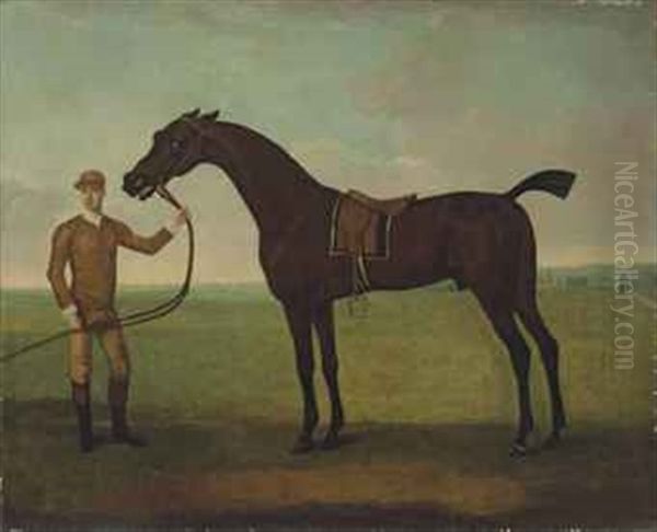 Fearnought With Jockey, Probably Match'em Timms, At Newmarket, Saint Mary's Church Beyond - view 1