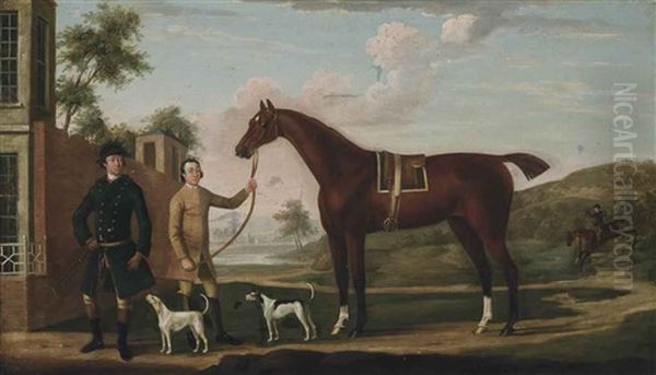 A Huntsman With His Chestnut Hunter, Held By A Groom, With Two Hounds, An Extensive Landscape Beyond - view 1