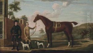 A Huntsman With His Chestnut Hunter, Held By A Groom, With Two Hounds, An Extensive Landscape Beyond by Thomas Spencer