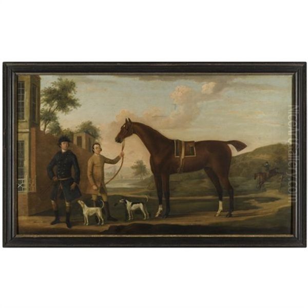 A Huntsman With His Bay Hunter, Held By A Groom, With Two Hounds Outside A Country House - view 1