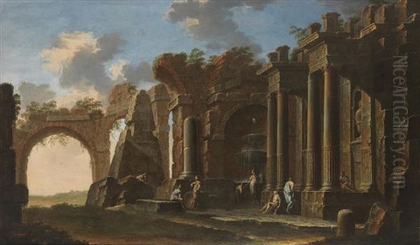 An Architectural Capriccio With Figures Resting Before A Fountain - view 1