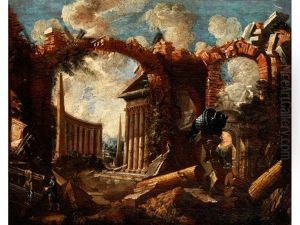 Architekturcapriccio Mit Ruinen, Klassischen Monumenten Und Kleinen Figuren Im Vordergrund
